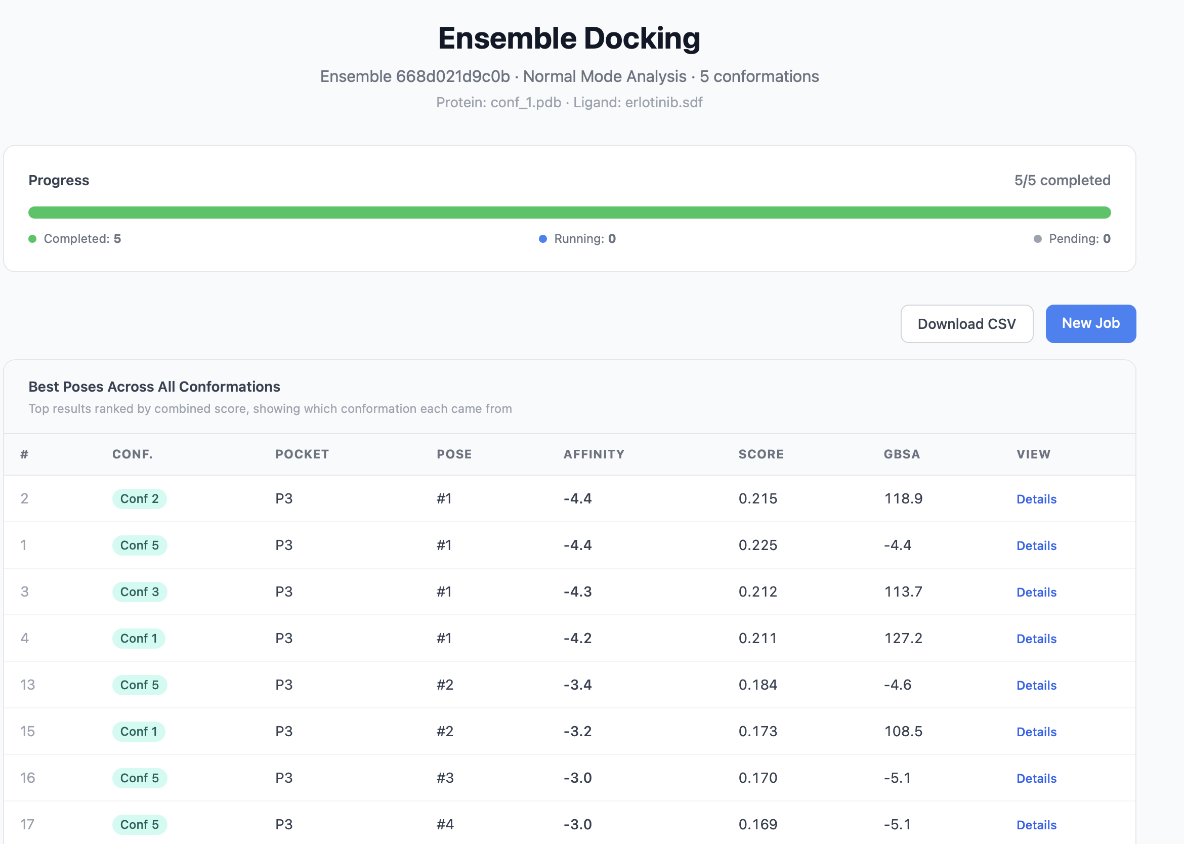 Ensemble dashboard mockup with per-conformation summary