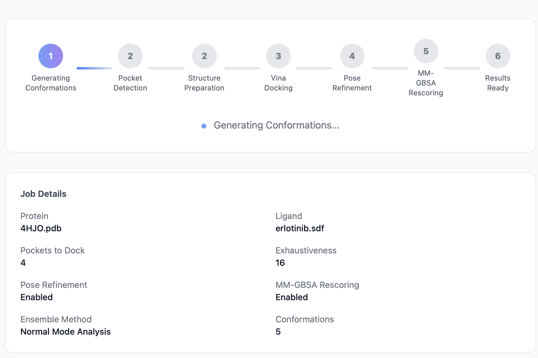 Job status page with the 4-step pipeline indicator