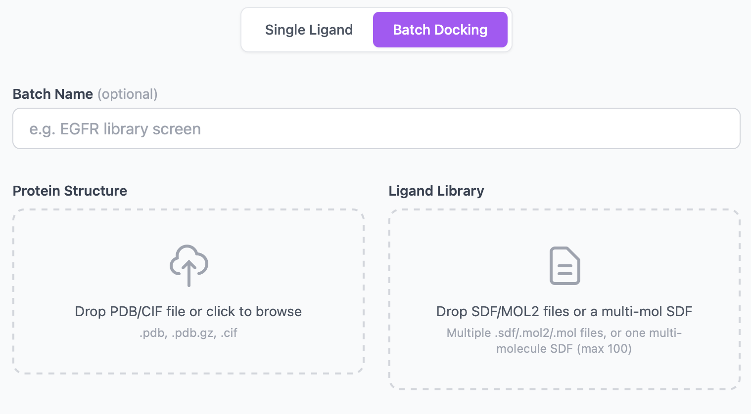 Batch upload tab with multiple ligand files selected
