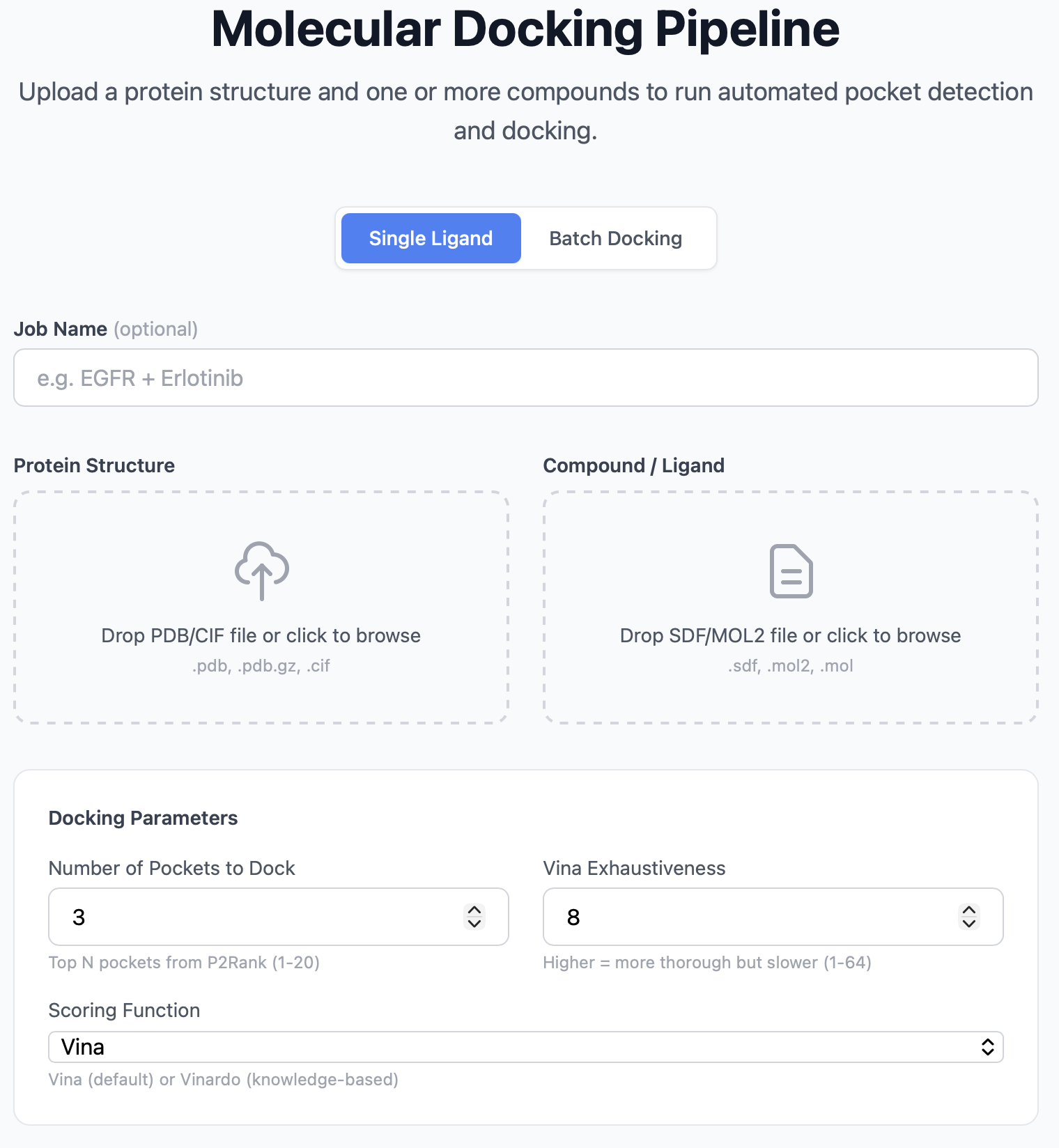 Upload page with protein and ligand drop zones